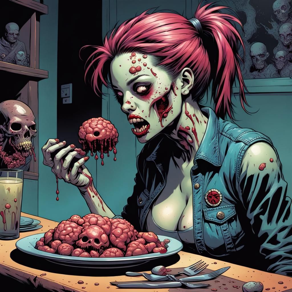 Zombie Punk Girl Eating Brains in Comic Book Style