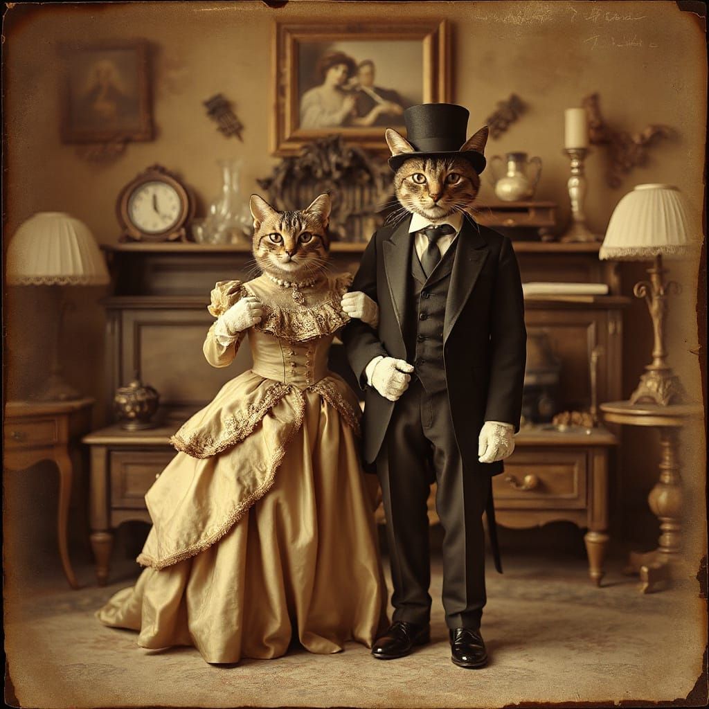 Victorian Cat Wedding in Sepia Tone