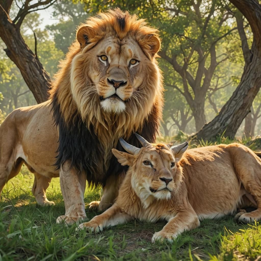 Lion Killing Goat in Savannah: Expressionist Digital Art