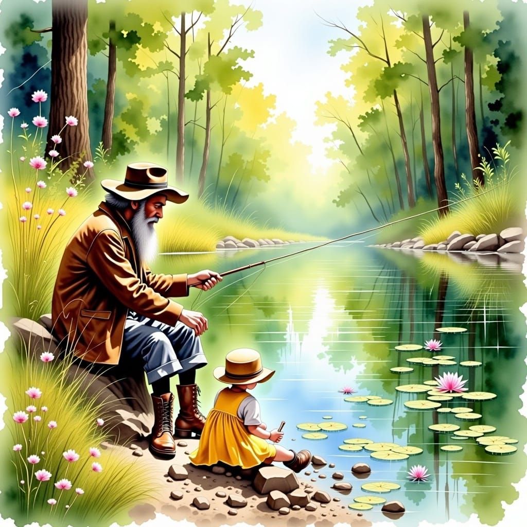 Prospector and Daughter Fishing: Watercolor Painting