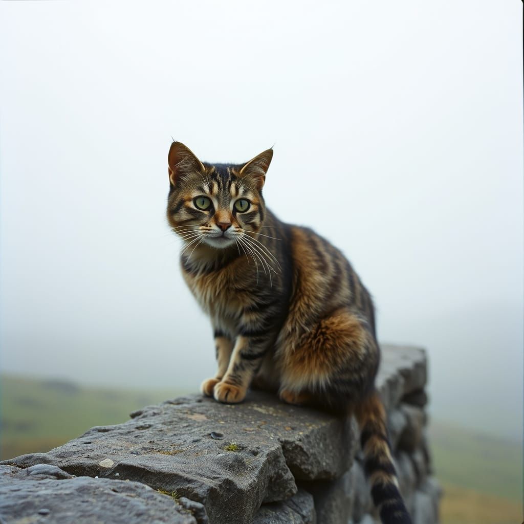 Tabby Cat Gazing over Misty Moor: Cinematic Film Still