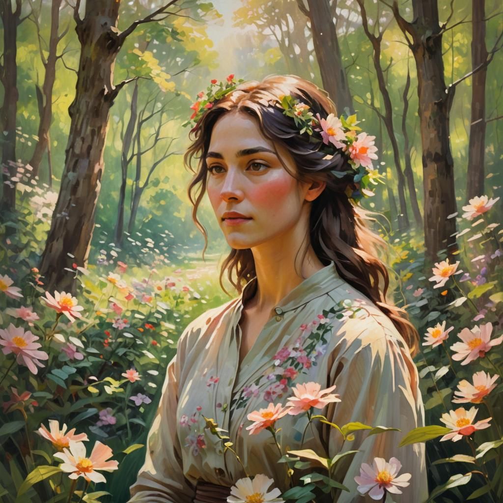 Woman Surrounded by Flowers in Impressionist Style