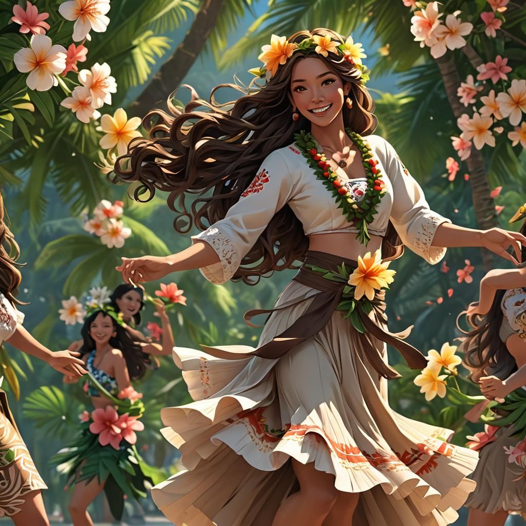 Cook Island Girl Dancing Hula in Anime Style