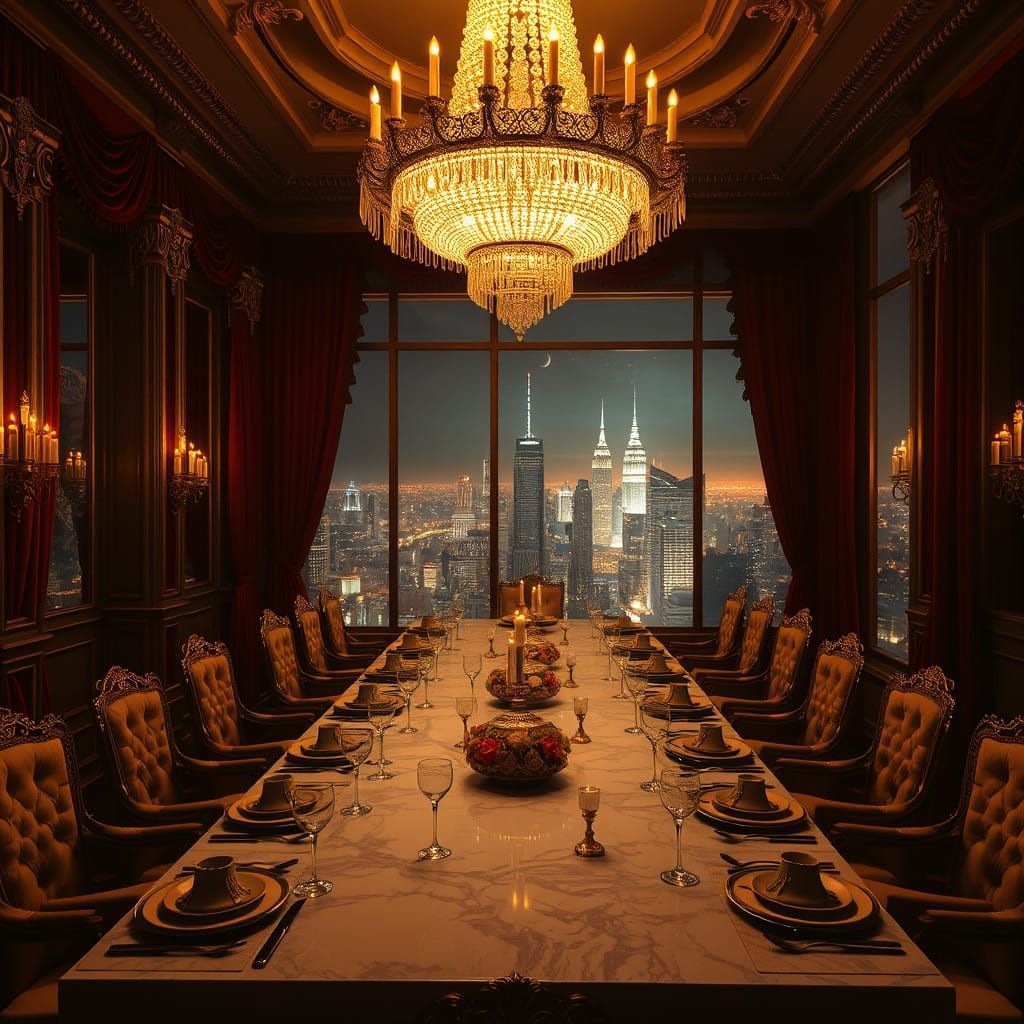 Elegant Opulent Dining Room in Warm Golden Light