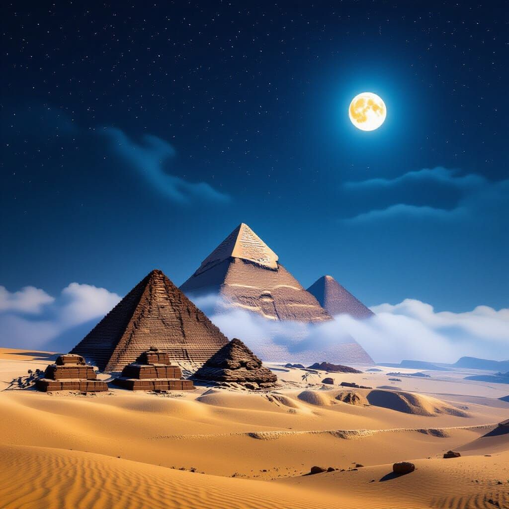 Giza Pyramids: Surreal Nightscape in a Dreamlike Style