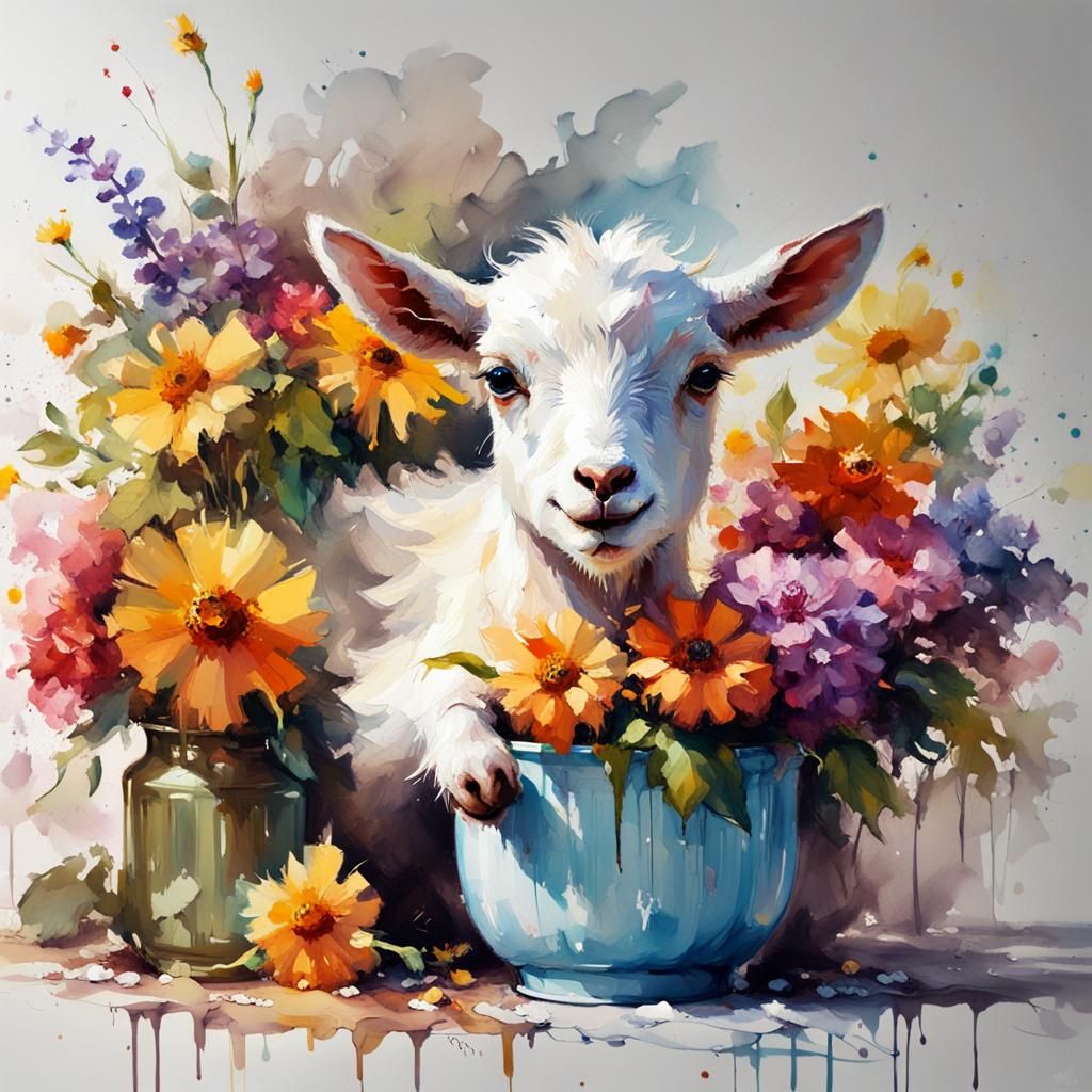 Charming Baby Goat Eats Flowers, Watercolour Painting
