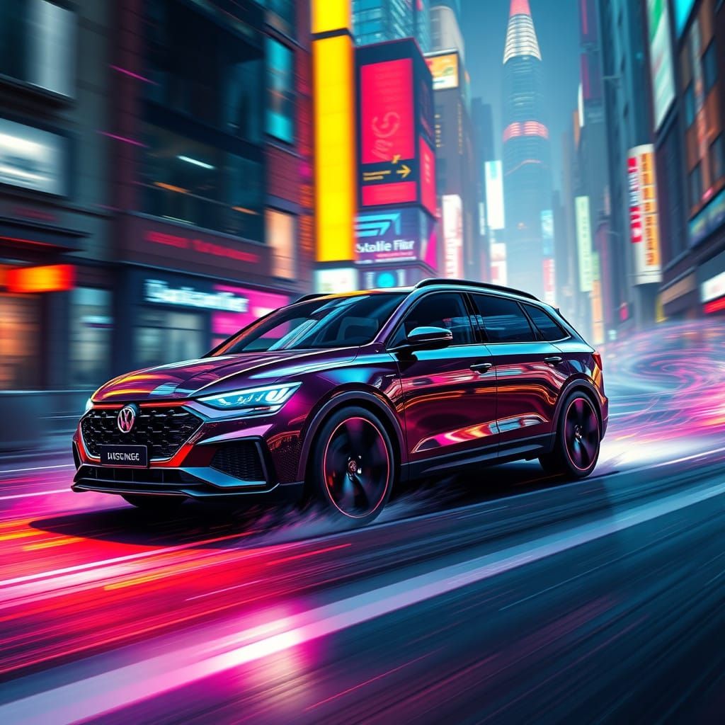 Sleek Sportwagen Blasts Through Neon Cityscape in Magical, M...