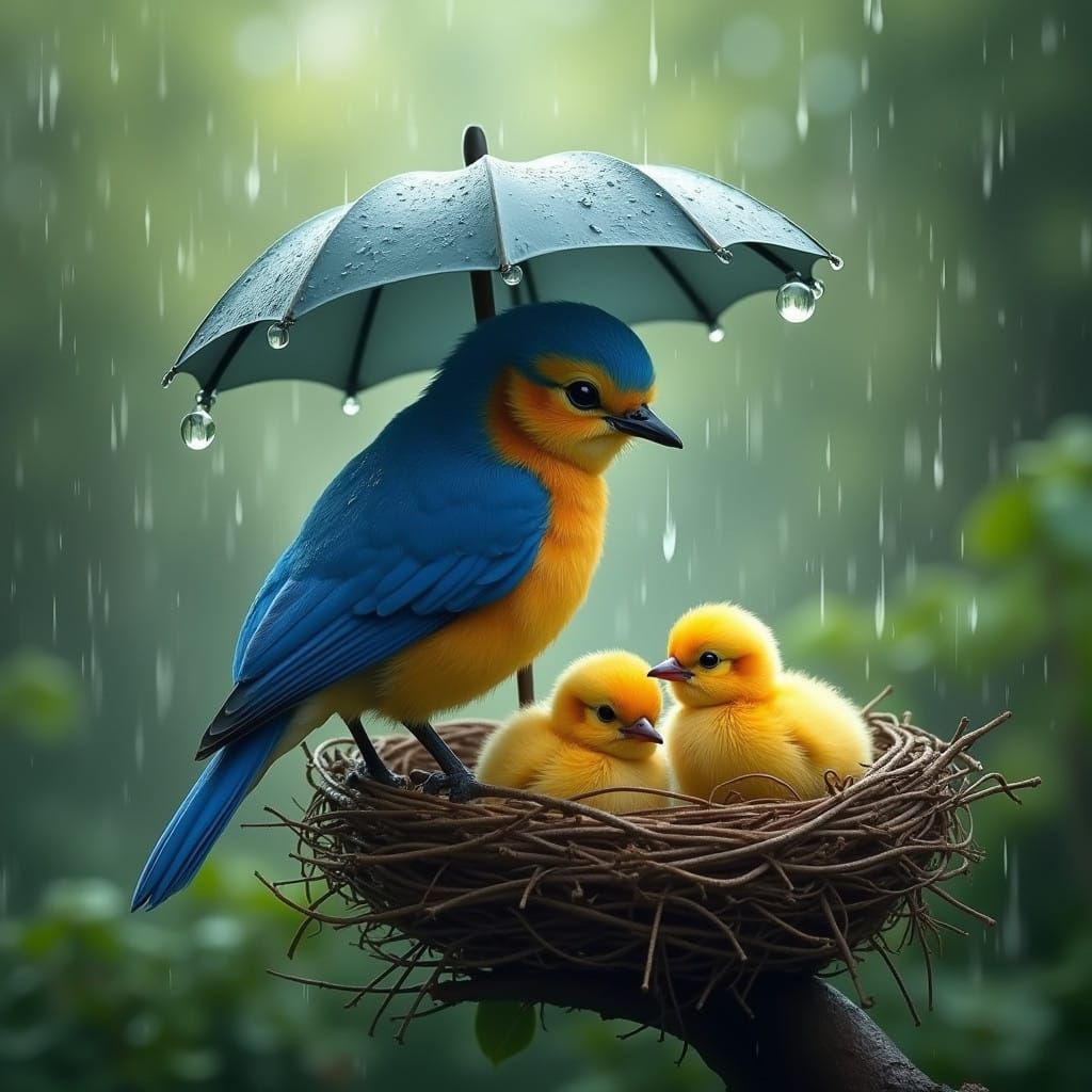 Blue Bird Protectors Its Nest in Gentle Rain