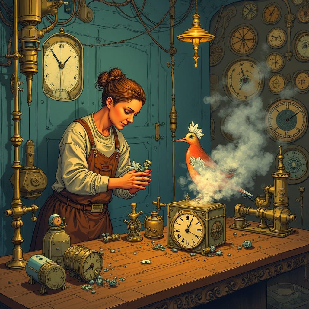 Steampunk Artisan Crafts Clockwork Birds in Art Nouveau Styl...
