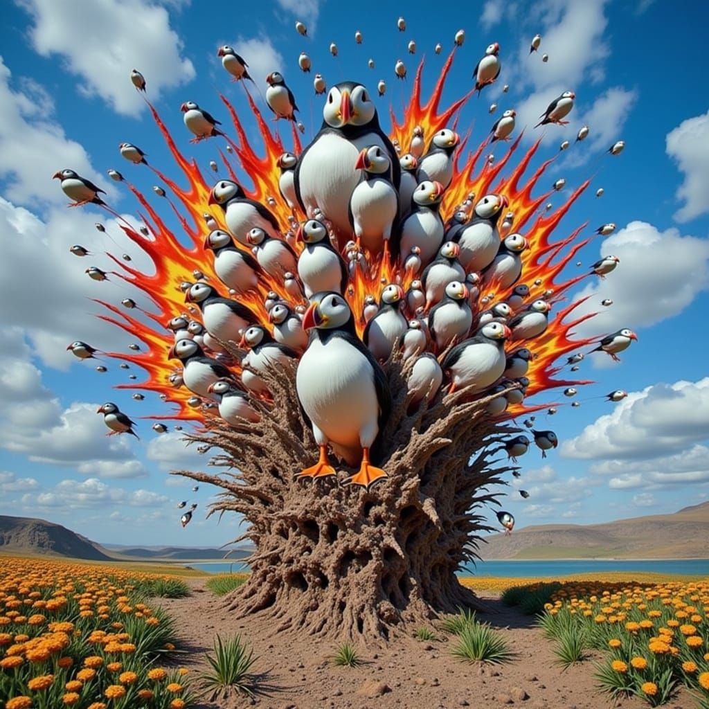 Psychedelic Puffin Birds Exploding from Earth