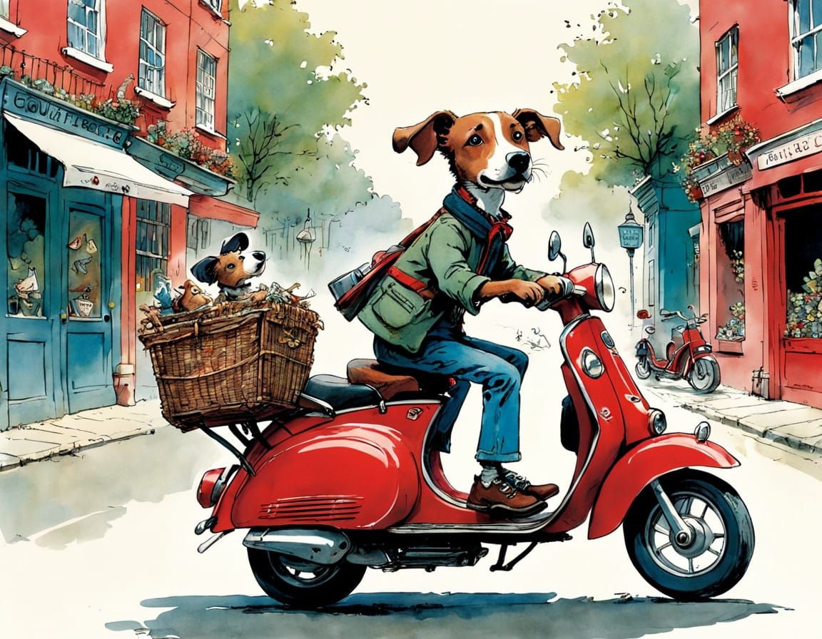 Expressive Dog Zooms Past on a Red Scooter
