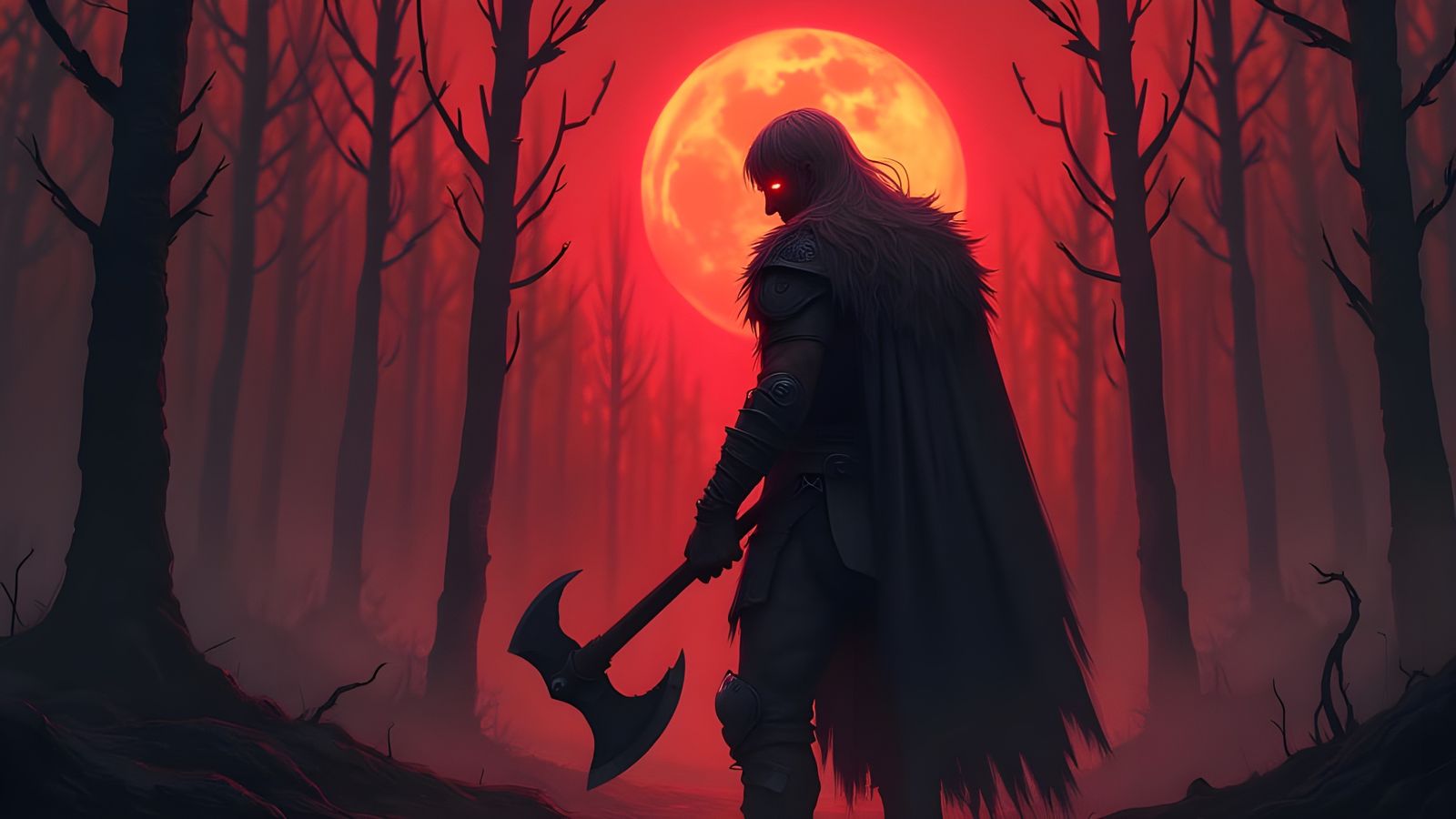 Nordic Warrior in Scorched Forest Under Red Moon