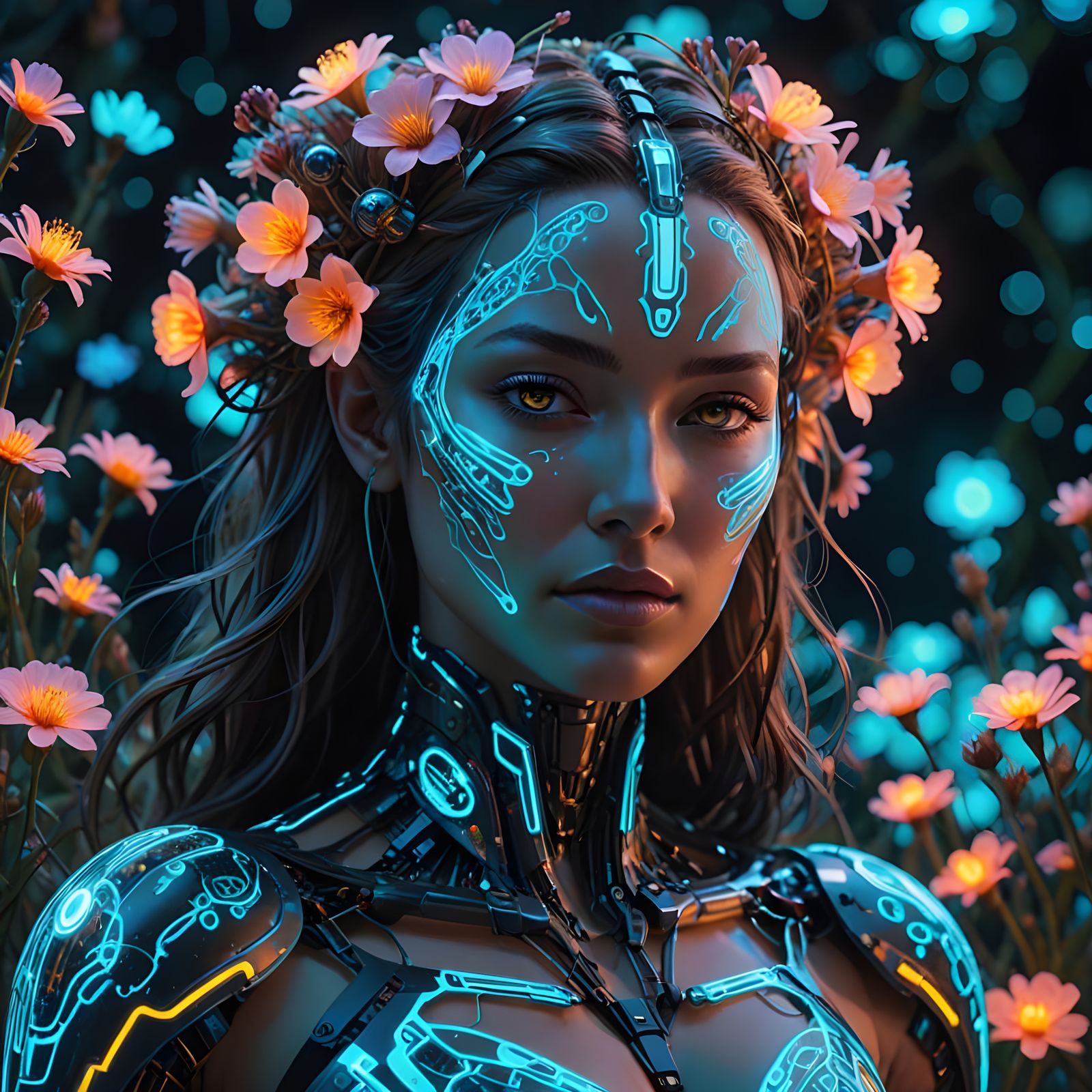 Cybernetic Goddess in Bioluminescent Bloom