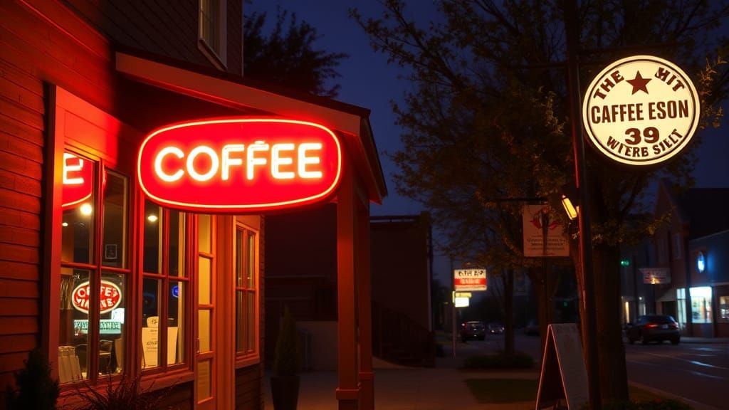 Neon Coffee Shop Sign at Night in a Charming Town