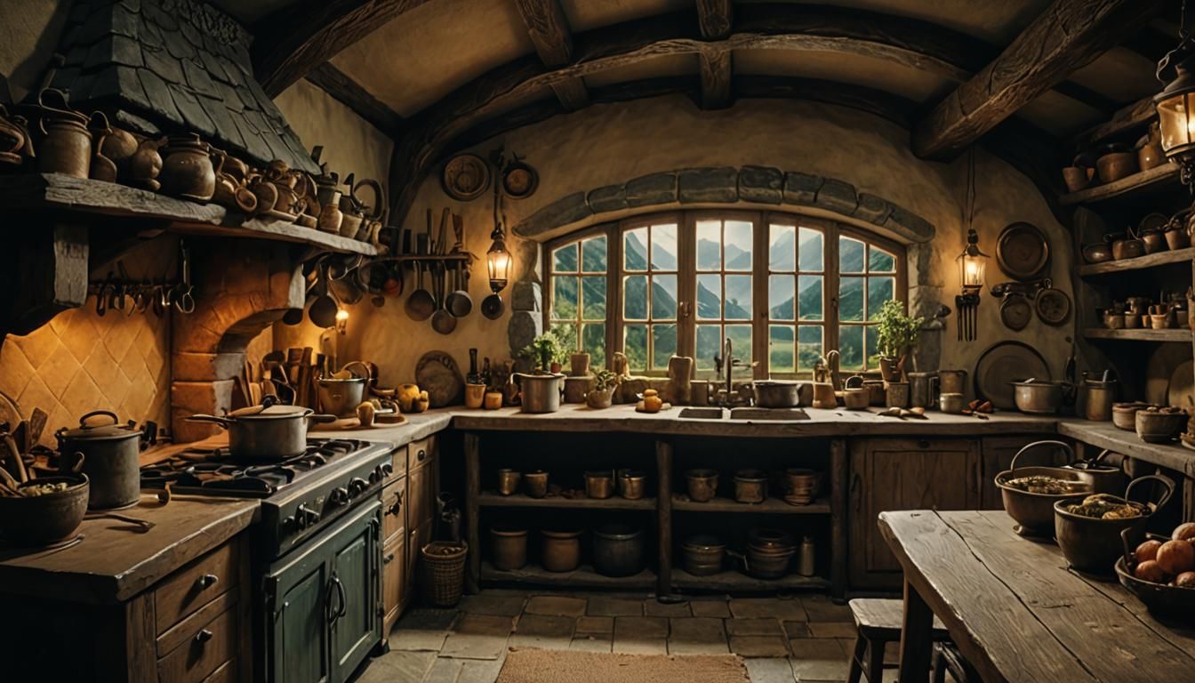 Cozy Hobbit Kitchen: A Cinematic Film Still
