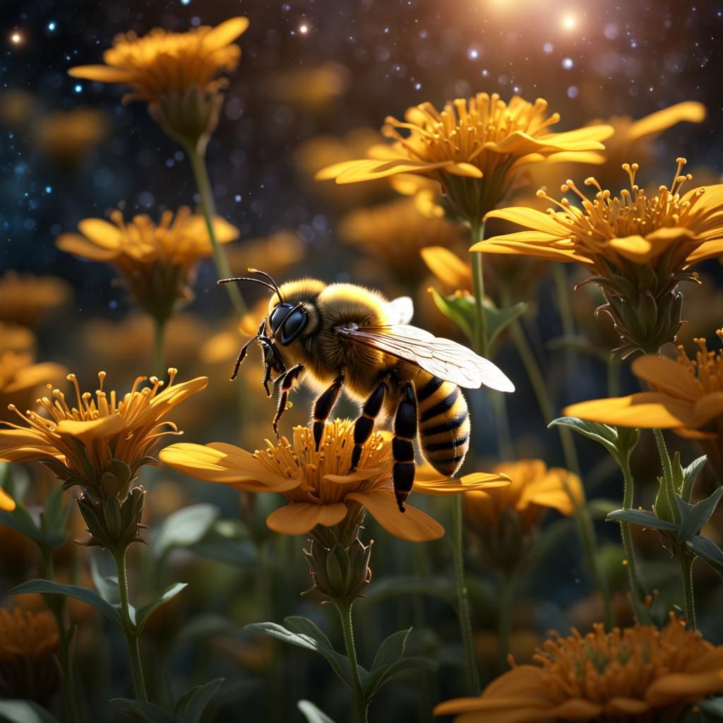 Honey Bee Pollinating the Galaxy: Detailed Matte Painting