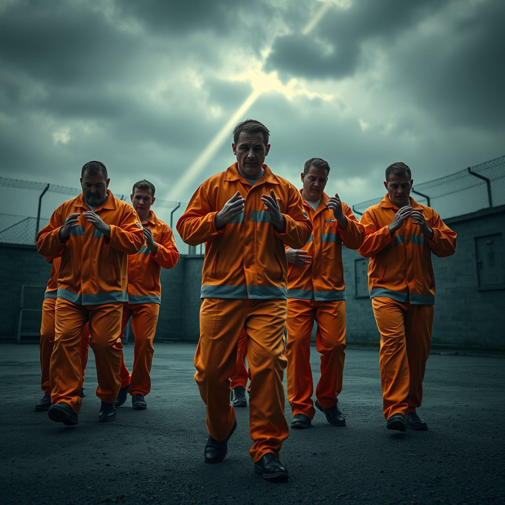 Prisoners' Embarrassing Dance in Hyperrealistic Style