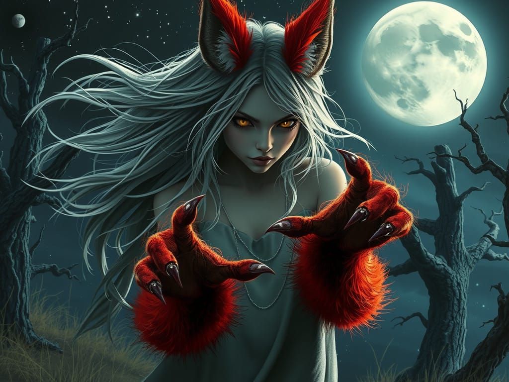 Shapeshifter Girl, can morph into a fox, morphing in progress, moon in the starry sky clearing, forest in the background...