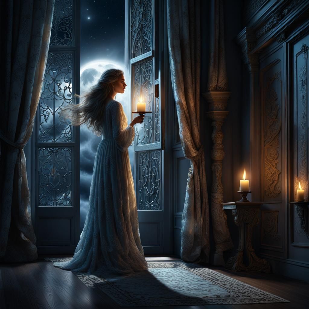 Moonlit Woman in Ominous Corridor at Night