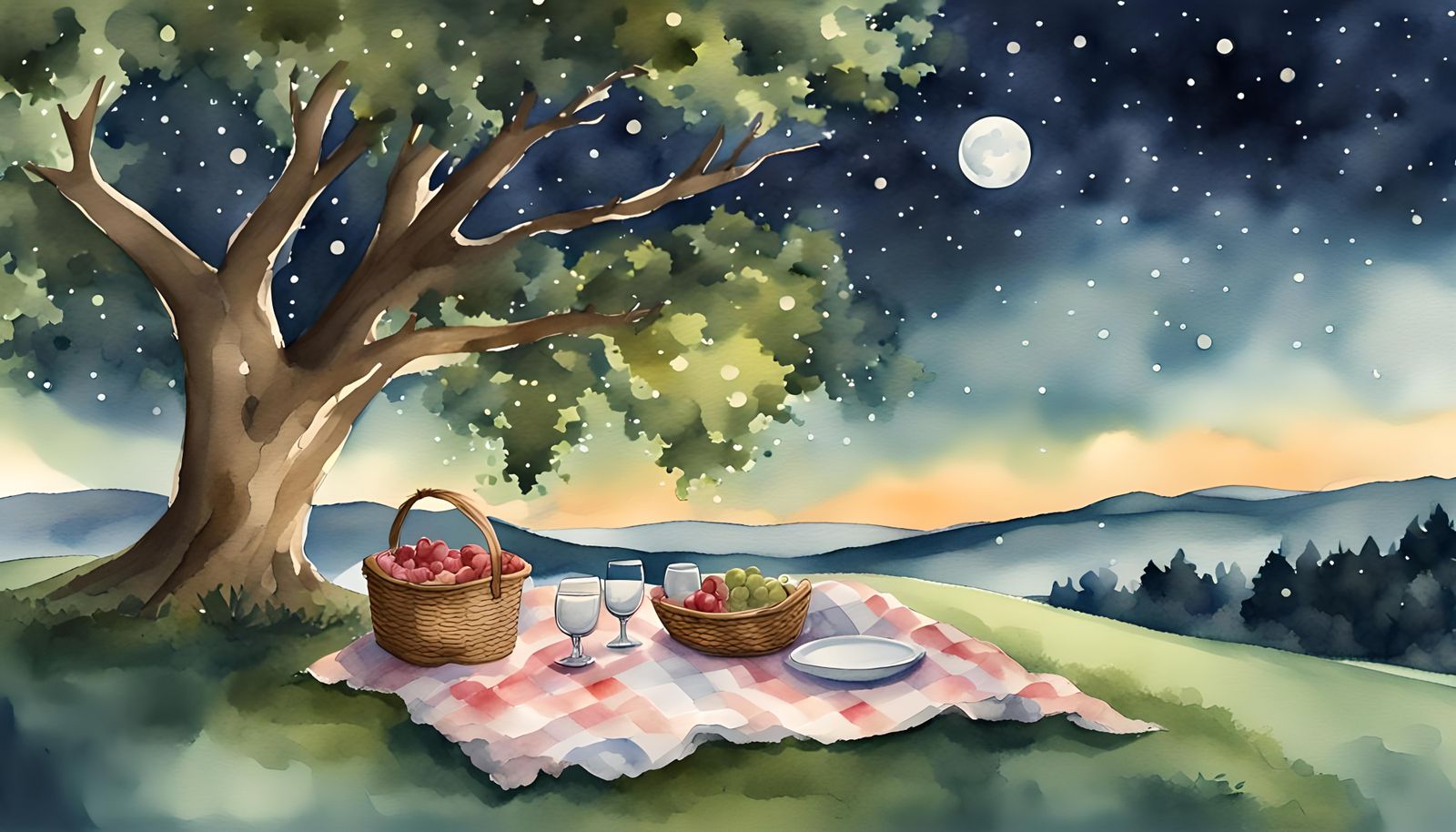 Romantic Night Picnic Under Starry Sky Watercolor
