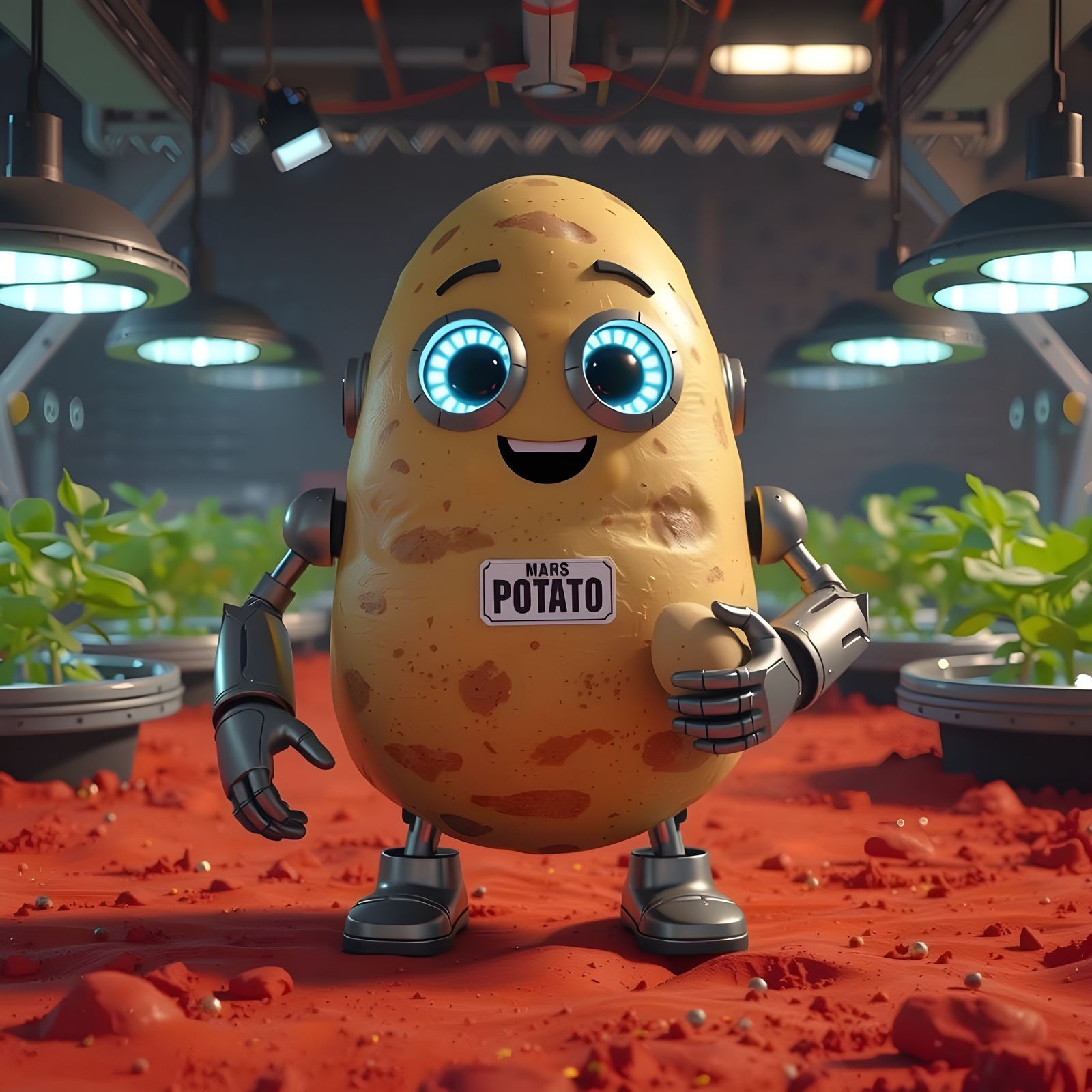 Cute Potato Robot on Mars in Pixar Style