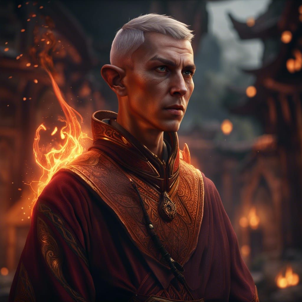 Fire-breathing Elf Monk in Detailed Matte Painting