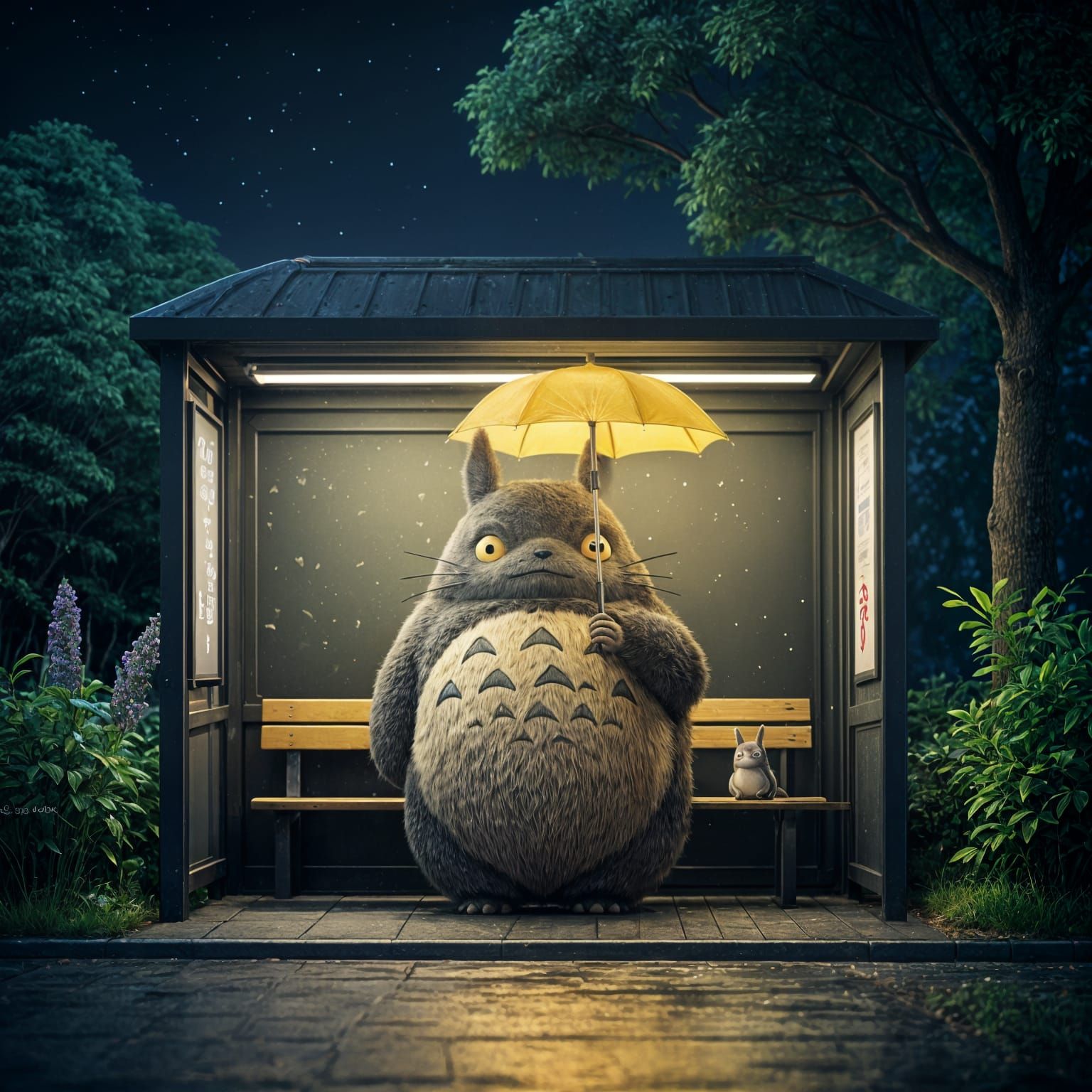 Totoro Under Starry Night Sky with Vibrant Yellow Umbrella