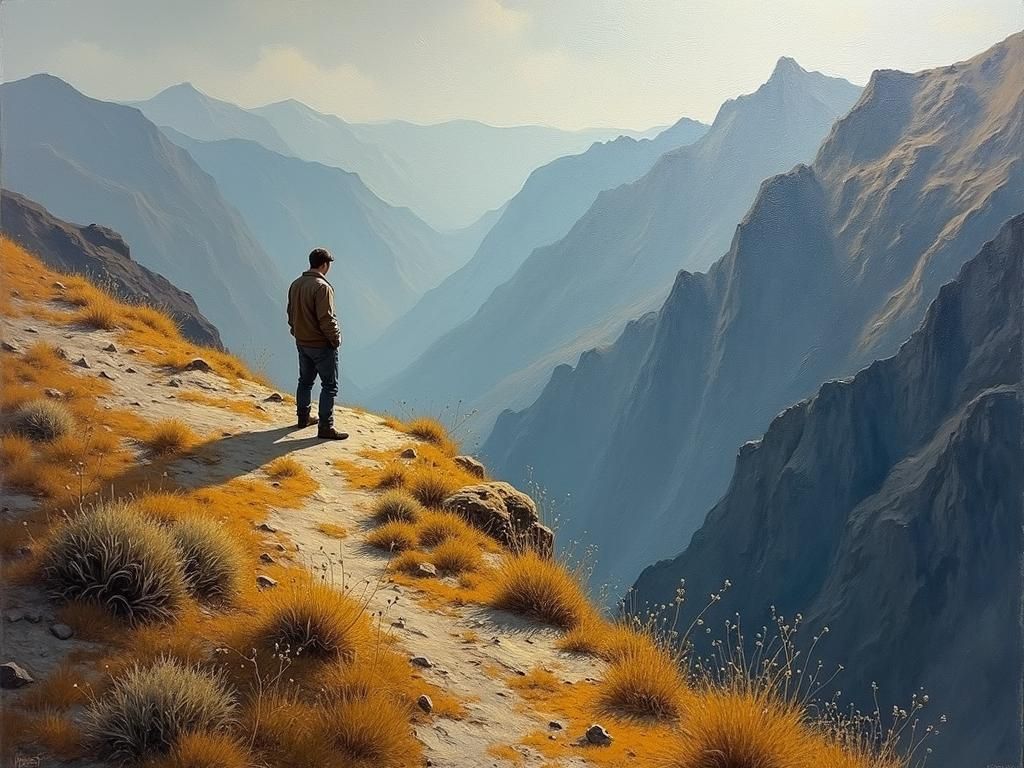 Lone Figure Contemplates Mountain Range in Neo-Impressionist...