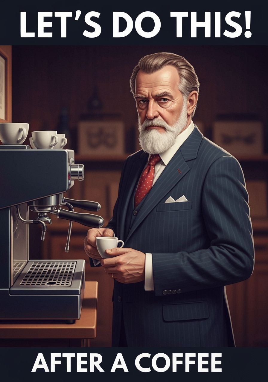 Distinguished Old Man Holds Espresso, Ready to Go