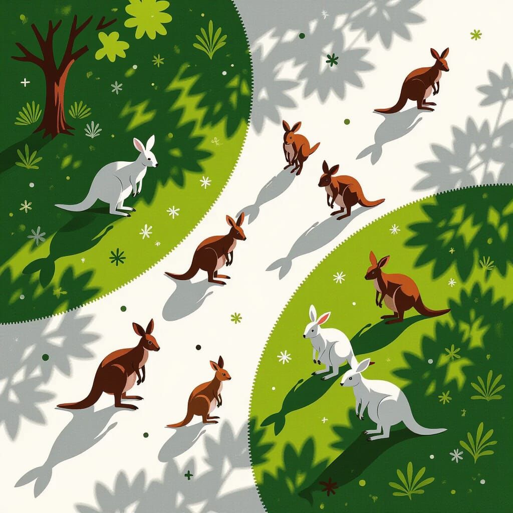 Kangaroos in Minimalist Pastoral Scene with Light and Shadow...