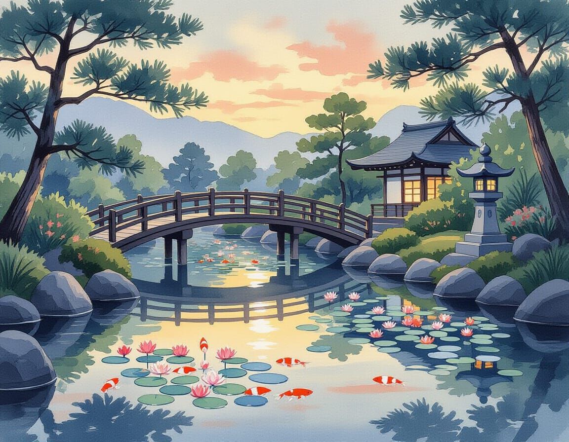 Japanese Garden at Dusk Watercolor Painting