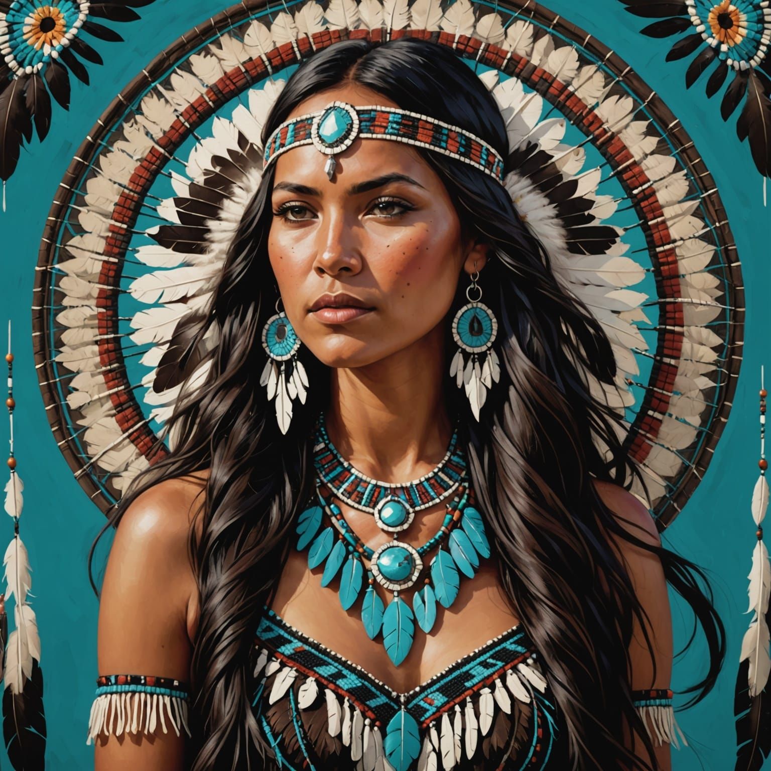 Native American Woman in Sunset Landscape, Digital Art