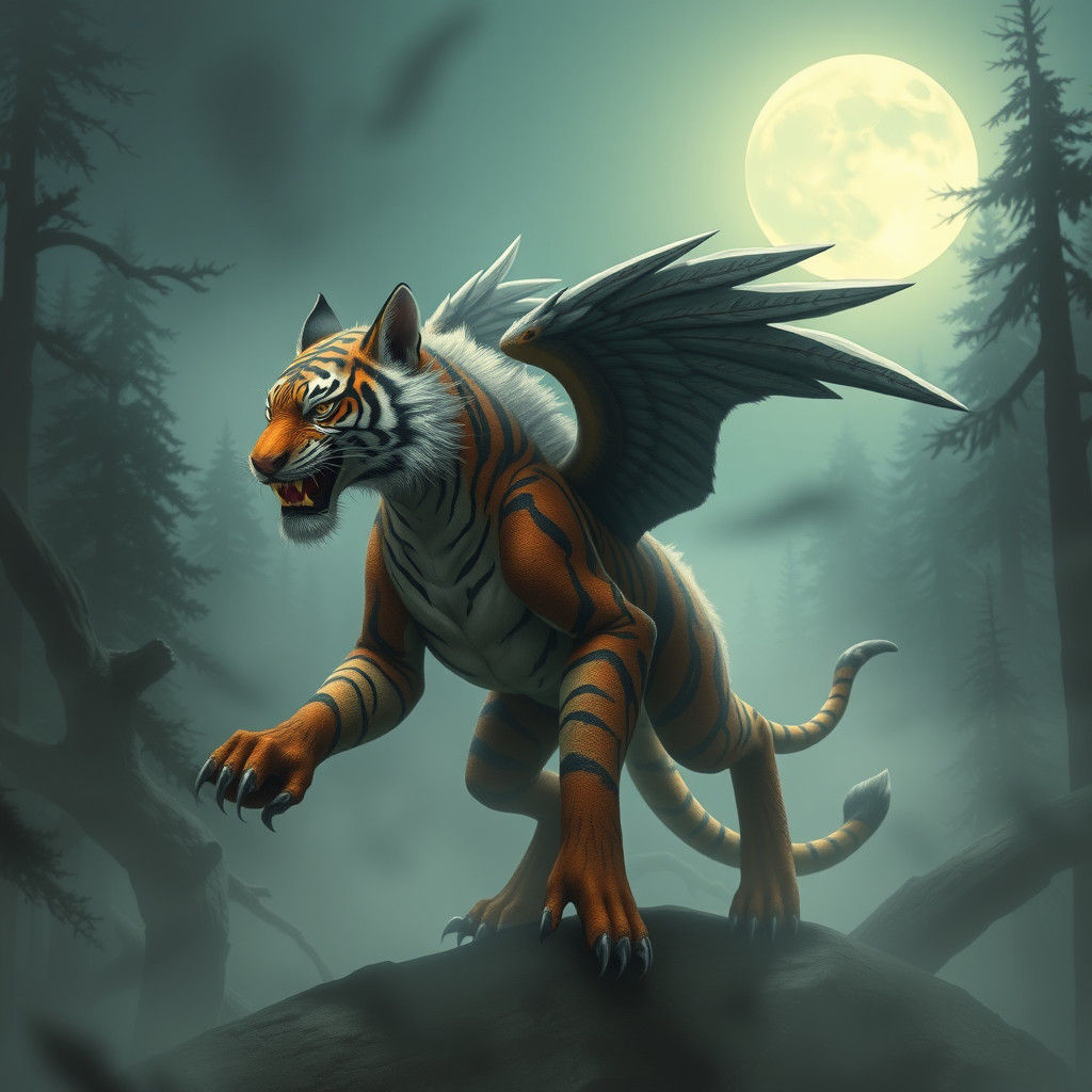 Majestic Hybrid Creature in Misty Forest, Fantasy Art