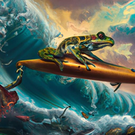 Frog Surfing with Guitar, Detailed Matte Painting