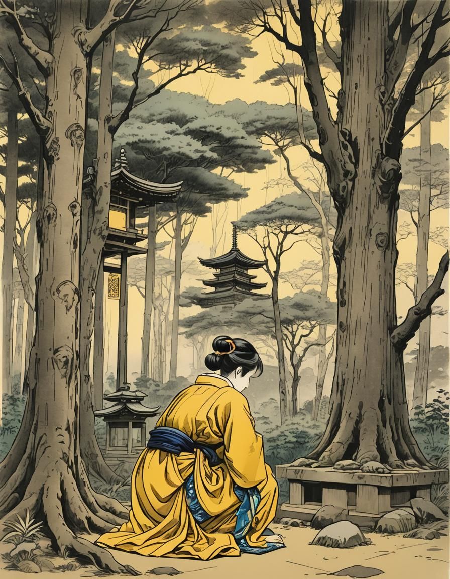 Woman Praying at Shrine: Old Manga Sketch