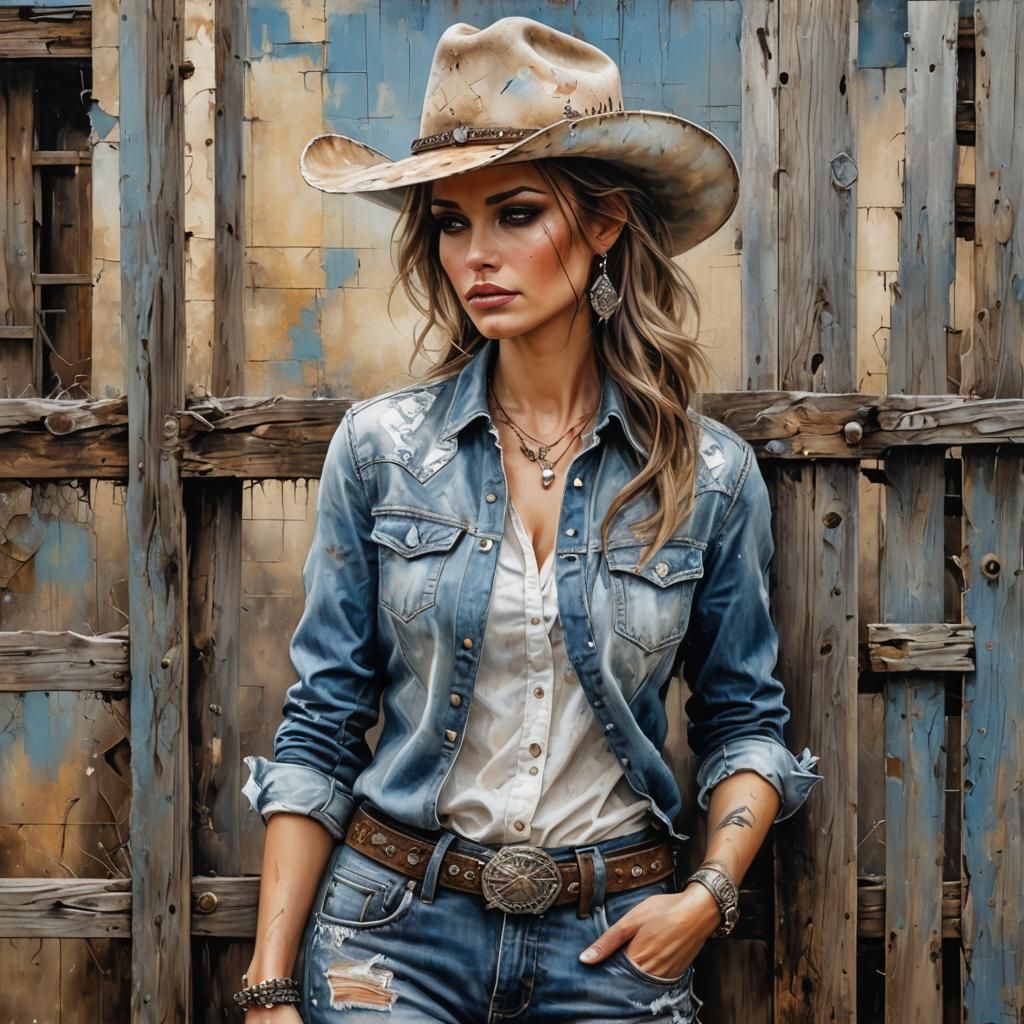 Cowgirl in Urban Setting, Oil Painting Style