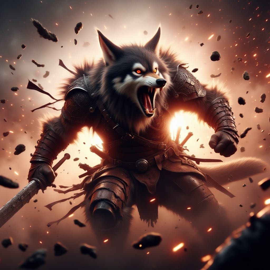 Armored Wolf Defending Under Fiery Sky