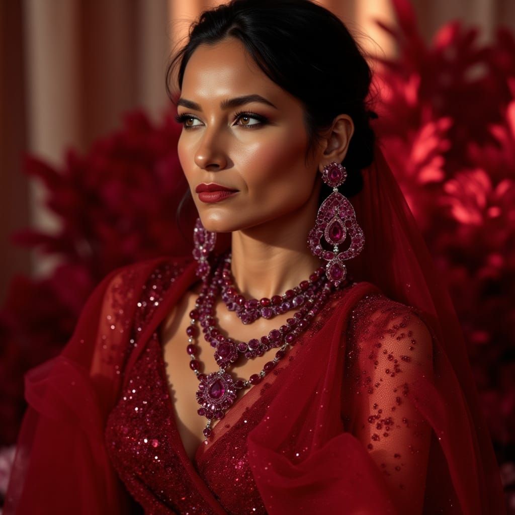 Native woman wearing an exquisite large Winza ruby dressed in a glittering red evening gown. <lora:Oddly A Bit Creepy:1....