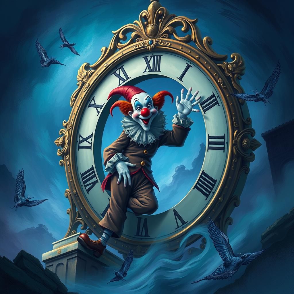 Clown Emerges from Ornate Clock in Mystical Style