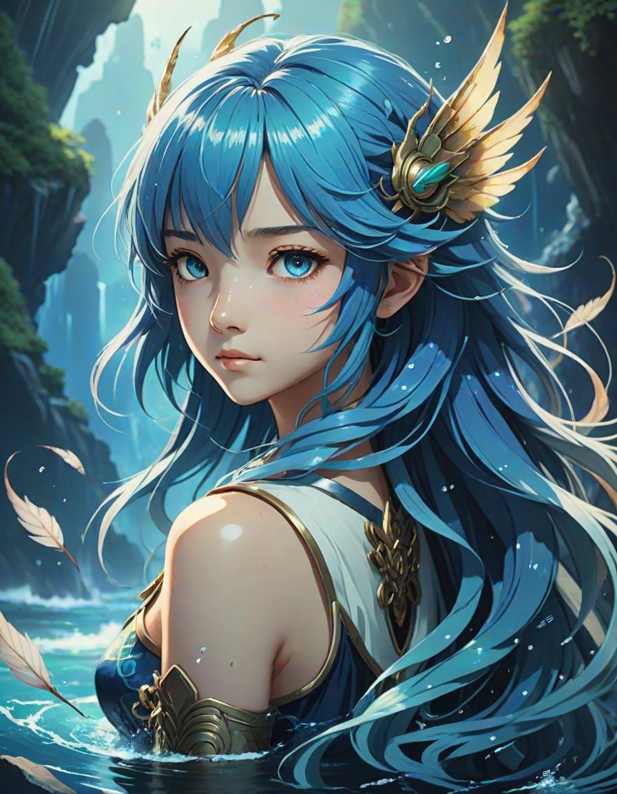 Anime Water Spirit with Dragon Wings, Watercolor Art