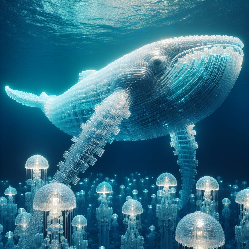 Underwater view of a huge fantastical glowing transparent gl...