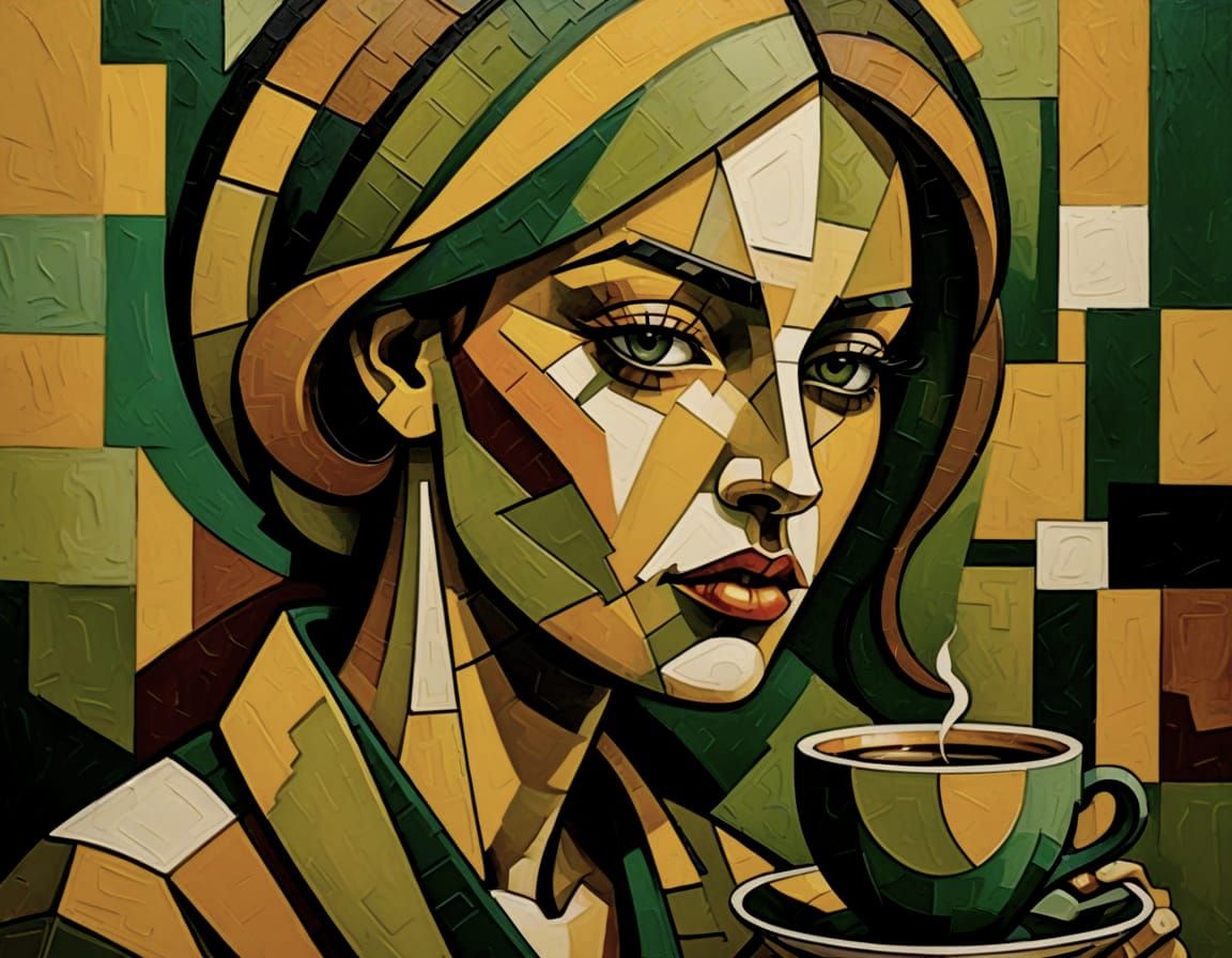 Cubist Portrait in Coffee Shop: Yellow and Green Geometric A...