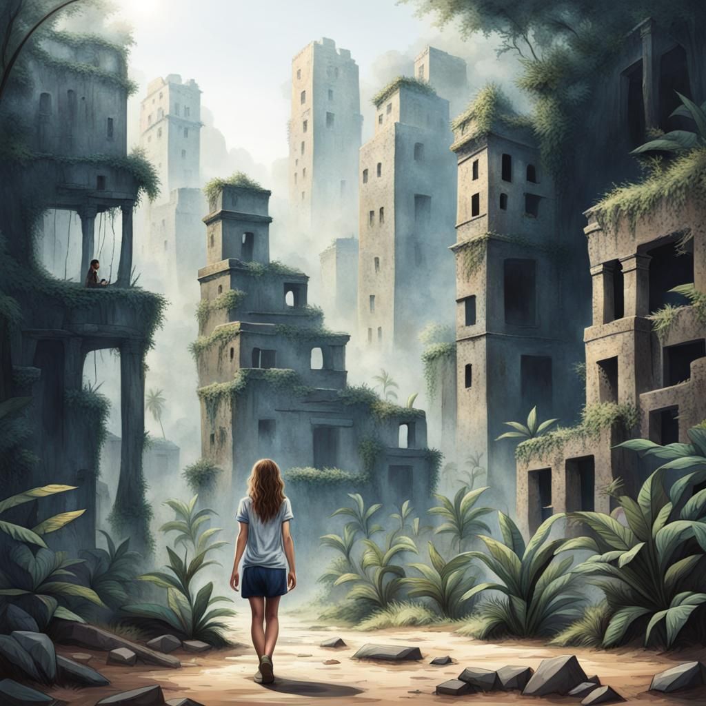 Girl Exploring Ruins of Lost City