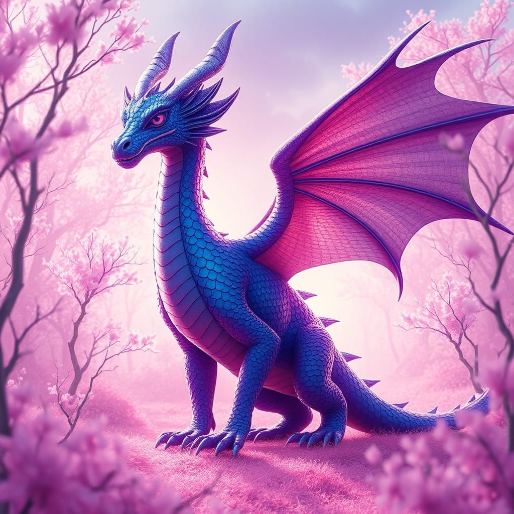 Purple and Blue Dragon in Whimsical Pink Forest