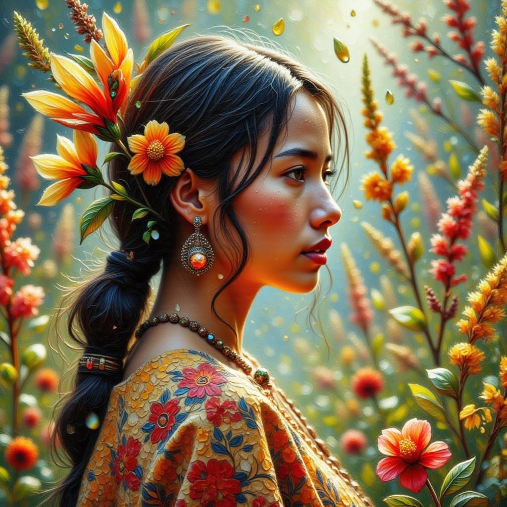 <lora:Hennie Impasto:1.0>Create a hyper-realistic watercolor painting reflecting the essence of a gentle spring rain. Th...