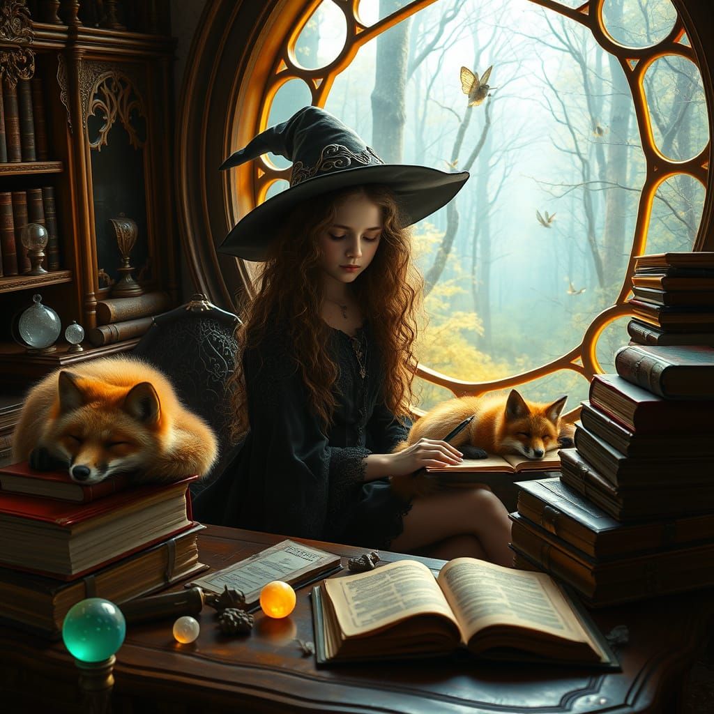 Young Witch Studies Ancient Tomes in Whimsical Fantasy World