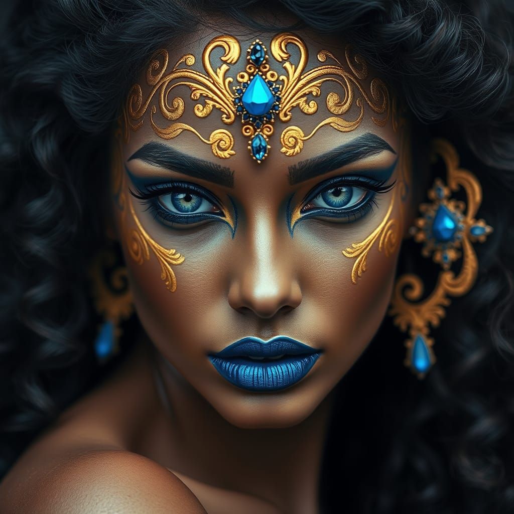 Woman with Intricate Gold Designs, Hyperrealistic Digital Ar...