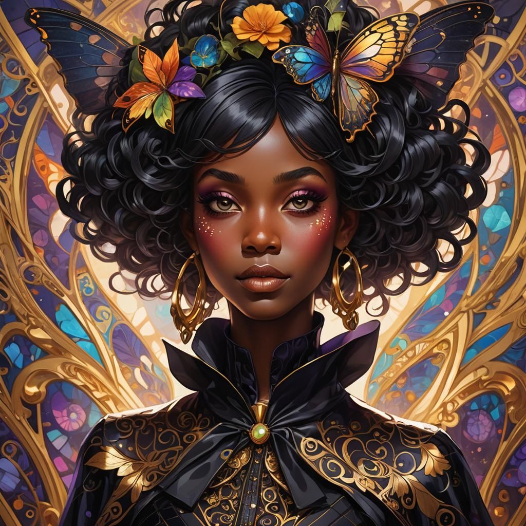 Black Fairy in Whimsical Attire: Concept Art Portrait