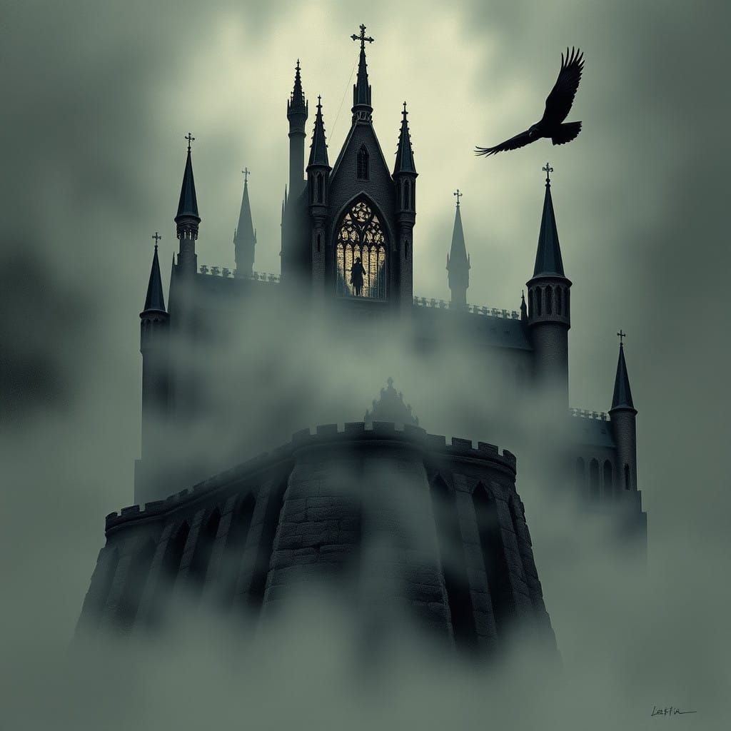Surreal Gothic Castle in a Haunting Misty Landscape