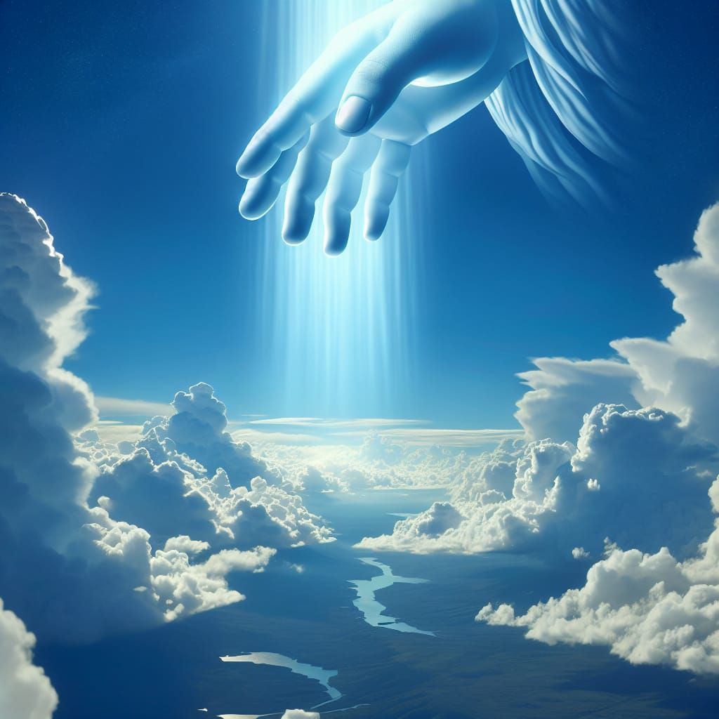 A spiritual scene unfolding where a massive, ethereal hand d...
